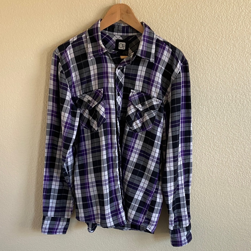 OP Men's Casual Purple and Black Checkered Shirt
